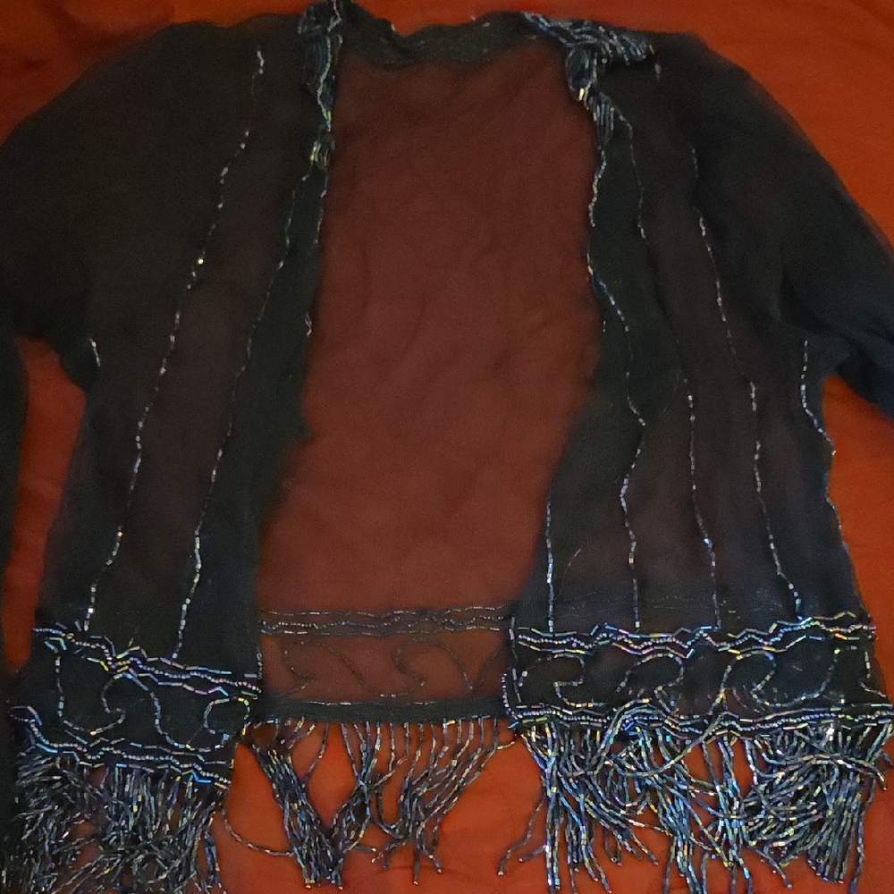 Sheer Black Beaded Fringe Jacket